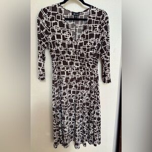 AB Studio Women’s brown & white geometric print A Line dress 3/4 sleeves